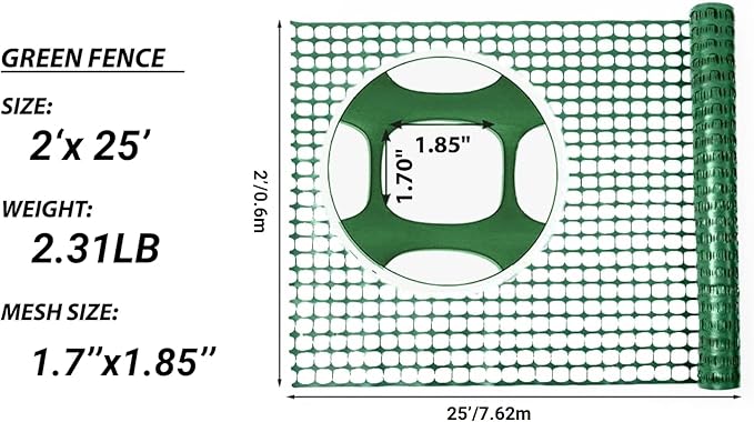 PotatoLife Plastic Mesh Fence Safety Fence, 2'x25' Roll with 50 Zip Ties, Resuable Temporary Netting for Garden Fencing, Construction, Snow Fencing, Animal Barrier, Poultry, Deer, Patio, Green