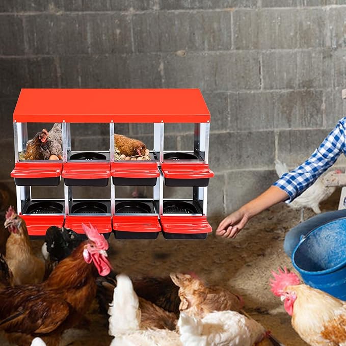 8-Compartment Heavy Duty Roll-Away Metal Chicken Nesting Box – Rustproof, Ventilated Hen Egg Collection System with Lid Cover & Swing Perch, Easy Clean, Red, No Bracket