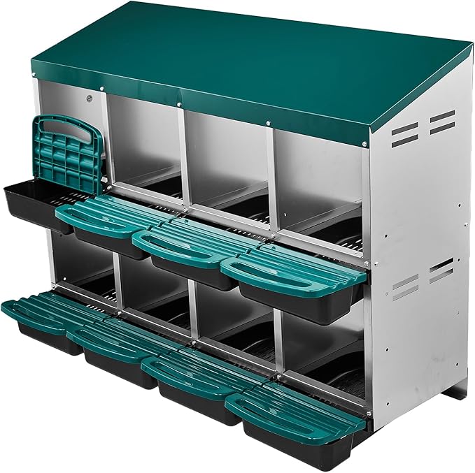 8 Compartment Chicken Nesting Box with Roll Away Egg Design - Wall Mount Hen Laying Box with Pull-Out Trays for Easy Egg Collection, Cleanable & Chicken Coop Accessories, 8 Holes, Green