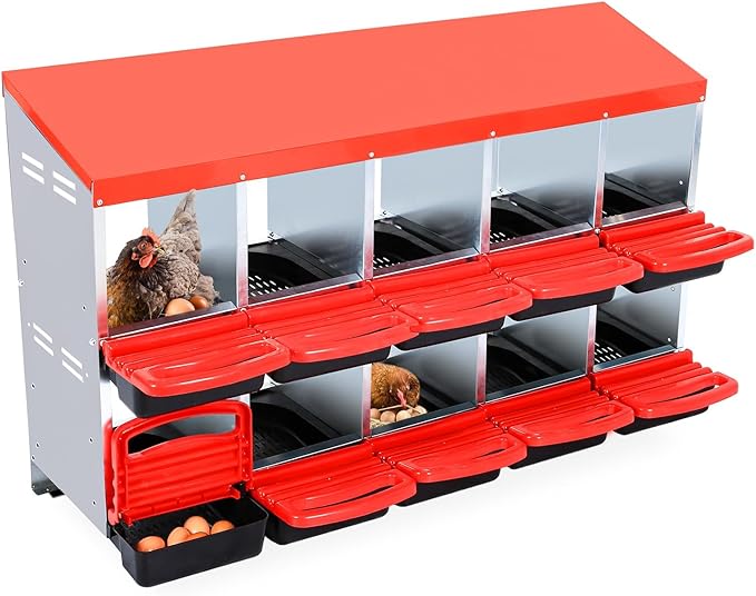 10 Holes Chicken Nesting Box, Galvanized Steel Roll Away Nest Boxes with Lid Cover to Protect Eggs, Nesting Boxes for Chickens Laying Egg, Red