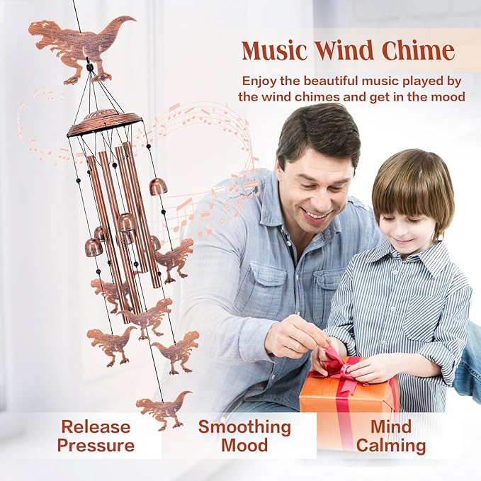 Dinosaur Wind Chimes Outdoor Dinosaur Gifts for Women Men Mom Gardening Birthday Gifts Metal Memorial WindChimes for Outside/Indoors, Lawn, Patio, Yard Art, Garden Decor, Yard Decorations