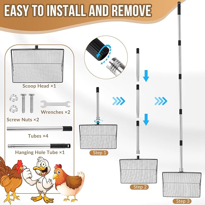 SlowTon Chicken Poop Scooper 15" Wide - Stainless Steel Chicken Coop Scoop Heavy Duty with 40 to 77" Long Handle for No Bending Work, Chicken Coop Litter Cleaning Tool Sand Sifting Shovel