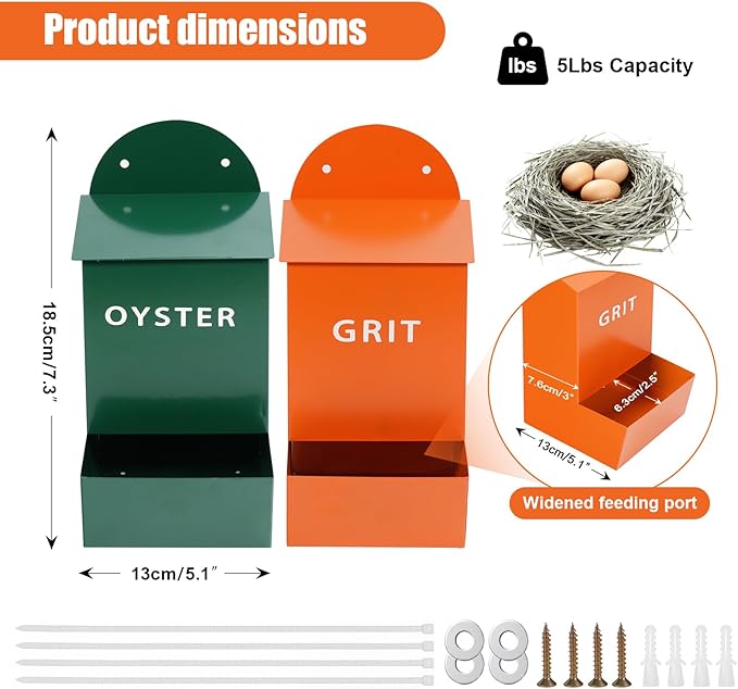 2Pack Chicken Grit and Oyster Shell Feeder,Heavy-Duty Metal Chicken Feeder with Lid Coop Accessories Supplies Hanging Gravity Poultry Feeders Trough for Strong Eggs