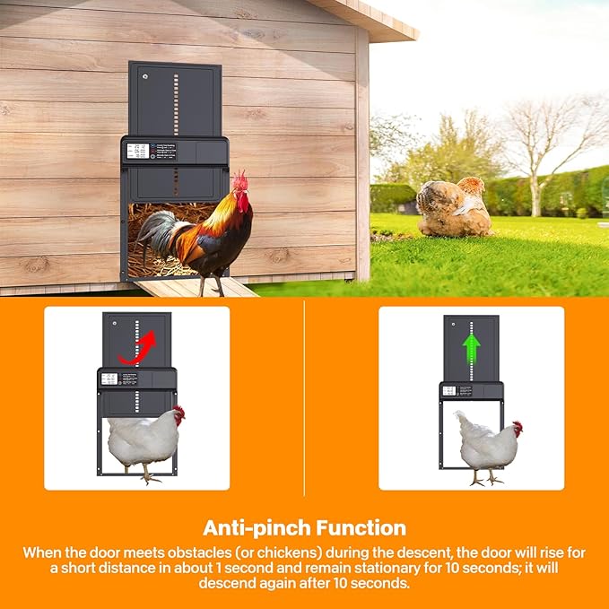 Automatic Chicken Coop Door, Electric Chicken Coop Door Battery Powered with Timer LCD Screen, Anti-Pinch Running Automatic Chicken Coop Door, Aluminum IPX4 Waterproof Auto Chicken Coop Door