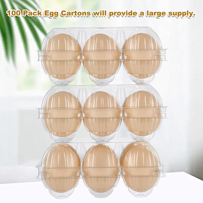 CYEAH 100 Pack Egg Cartons, Chicken Egg Carton 6 Count, Plastic Blank Egg Cartons, Half Dozen Egg Cartons Empty Plastic Egg Carton, Clear Blank Egg Tray for Home Ranch Farm Market Display