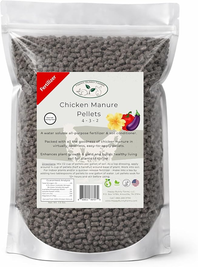 Chicken Manure Pellets, 4-3-2 NPK Organic Plant Fertilizer and Soil Rebuilder, 1.5lb Bag