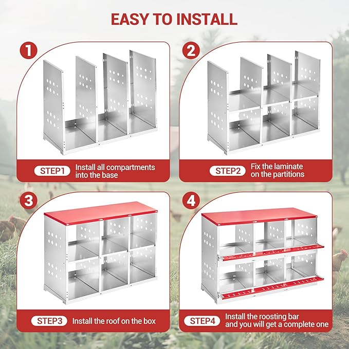 Heavy Duty Metal Chicken Nesting Box – 6 Compartments, Roll-Away Egg Tray, Vented Design, Pull-Out Cleaning Tray, Swing Perch, Wall Mount, Without Cover-Red, 96×48×71cm