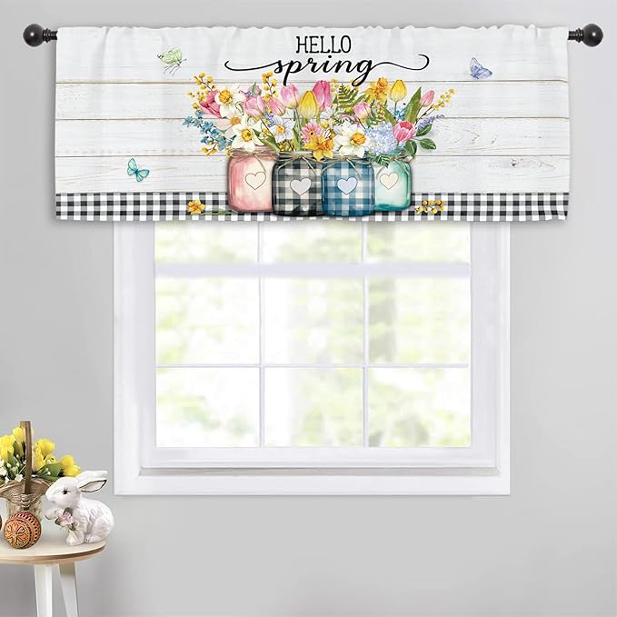 Miyotaa Hello Kitchen Curtain Valance 54W x 18H Rod Pocket Flower Rustic Farmhouse Plant Botanical Plaid Baffulo Window Treatment for Living Room Bedroom Bathroom Laundry