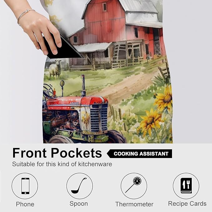 Vintage Watercolor Old Tractor Kitchen Apron, Oil Painting Western Farmhouse Harvest Farm Sunflower Tractor Apron