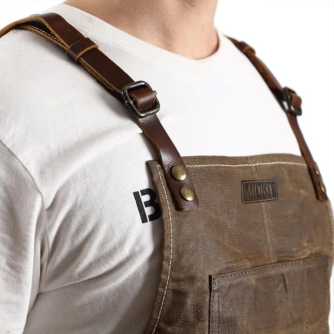 Midkit One Size Fits Utility Apron Adjustable Cross-Back Straps Multi-Use Portable Waxed Canvas Aprons With 5 Tool Pockets