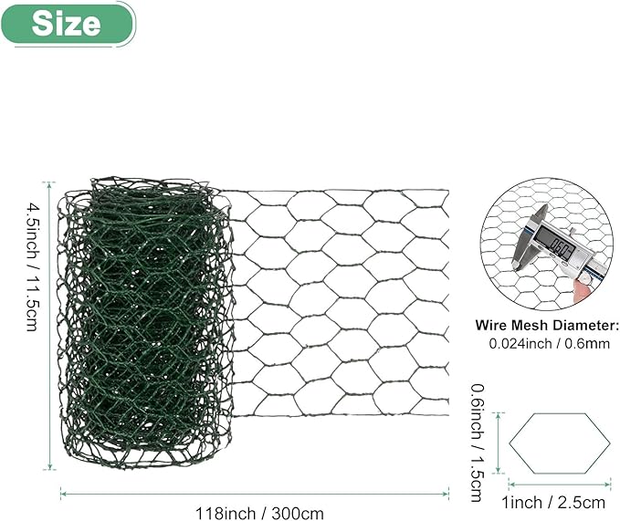 Chicken Wire for Floral Arrangements, 4 x 118 in Galvanized Iron Hexagonal PVC Coated for Crafts/Poultry/Garden, Chicken Wire Netting Fence Mesh [Green]