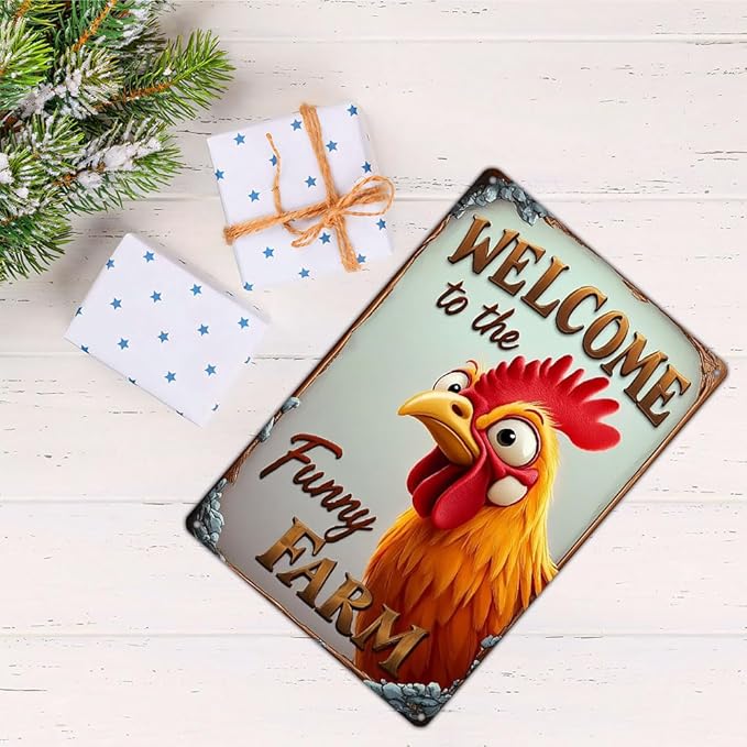 FunnySign Chicken Gifts Rooster Décor Welcome To The Funny Farm Rustic Tin Sign For Home Farm Chicken Coop Decor 8x12 Inch (9708)