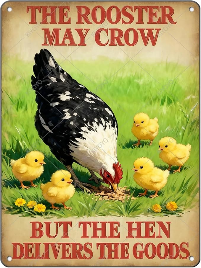 Funny Rooster Decor The Rooster May Crow But The Hen Delivers The Goods Rustic Tin Sign For Home Farm Chicken Coop Decor 16x12 Inch