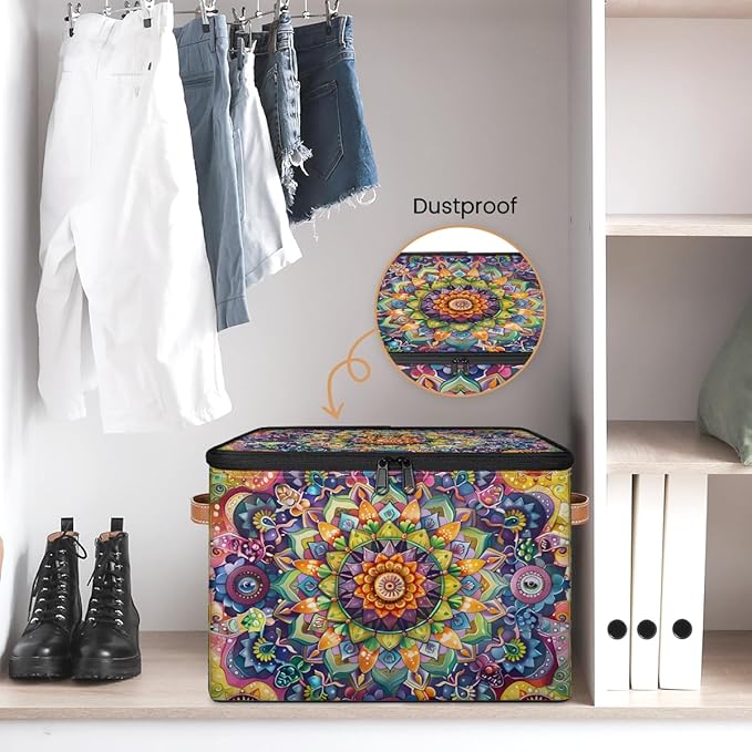 Vintage Boho Patern Storage Bins with Zipper Lid Fabric Storage Containers for Clothes Collapsible Closet Storage Basket with Metal Frame 1 Pack