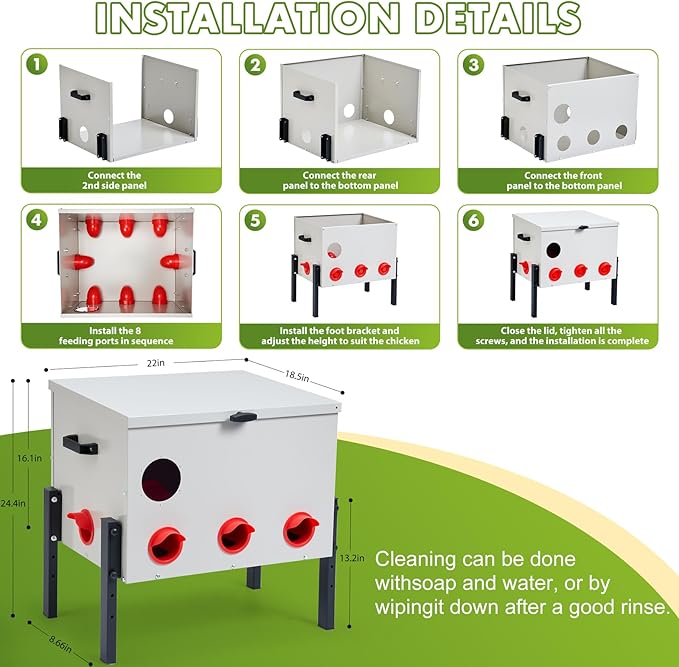 Metal Chicken Feeder with 8 Ports, 90 lbs Metal Poultry Feeder, Height Adjustable Weatherproof Feeding Box for Chickens, Geese, Ducks, Turkeys, Quails (90lbs-8 Ports)