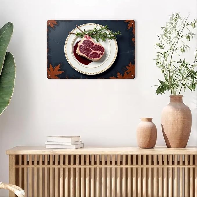 Delicious Steak with Rosemary Tin Sign Vintage Food Metal Sign Print Aesthetic for Garden Yard Bar Porch Home Bedroom Kitchen Wall Decor Gift 8 X 12 in