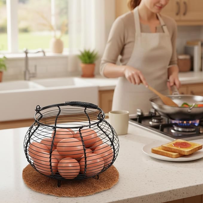 Farmhouse Wire Egg Baskets for Gathering Fresh Egg with Handle & Mat Round Metal Chicken Eggs Collecting Basket Small Metal Wire Basket Eggs Gathering Baskets Countertop Round Chicken Baskets
