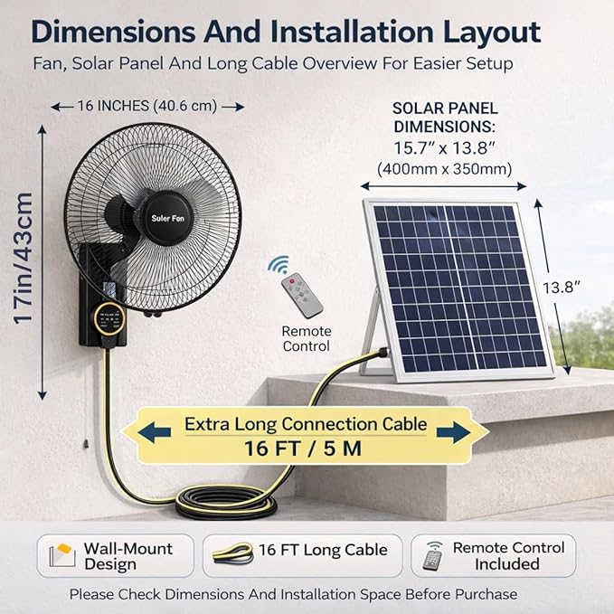 Solar Fan 16 Inch Wall Mounted Fan Indoor, Solar Fans for Outside, Solar Powered Fans With Remote Control, 5 Blades, 3 Speeds, Timer, Adjustable Tilt, Solar Panel, Power Adapter