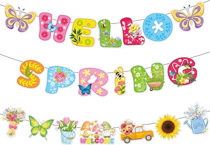 3Pcs Pre-Strung Hello Spring Banner for Classroom Office Spring Easter Hanging Decorations