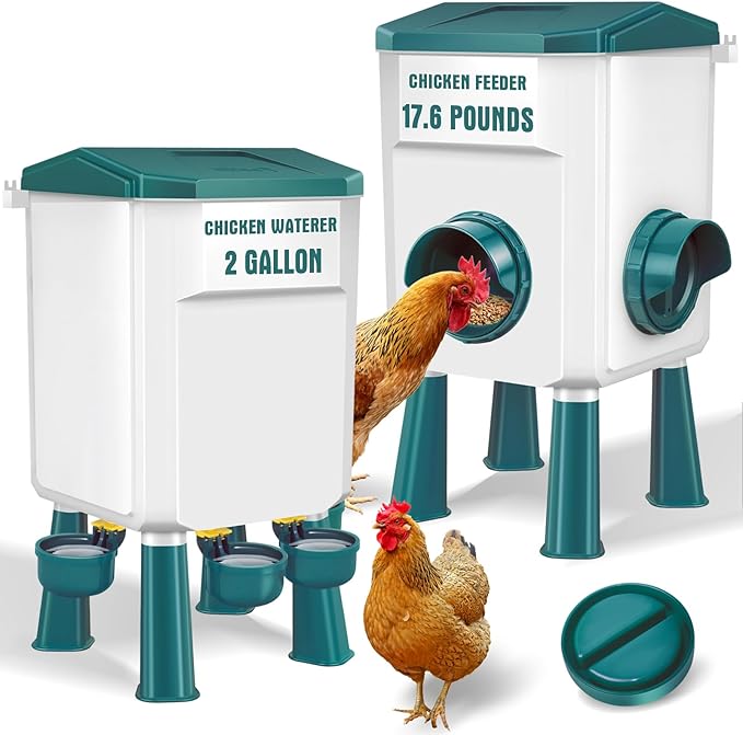 Chicken Feeder and Waterer Set with 2 Gallon/17.6 Pounds, Automatic Chick Feeder and Waterer Set No Waste， Poultry Feeder Large for Hens/Ducks/Poultry