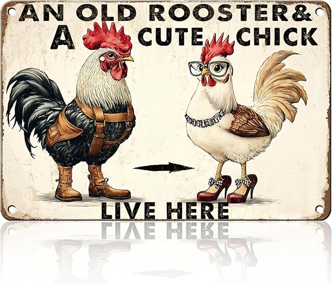 PEACHGARDEN Funny Chicken Metal Sign An Old Rooster A Cute Chick Live Here Vintage Tin Sign for Home Farm Chicken Coop Farmhouse Kicthen Garden Decor 8X12inch