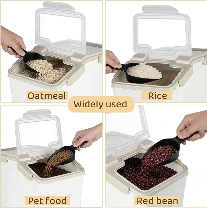 PENCK Rice Storage Container 25 lbs Large Household Flour Sugar Containers Airtight Grain Cereal Dispenser with Wheels, Locking Lid & Measuring Cup for Kitchen Pantry Organization, 2 Pack(Grey)
