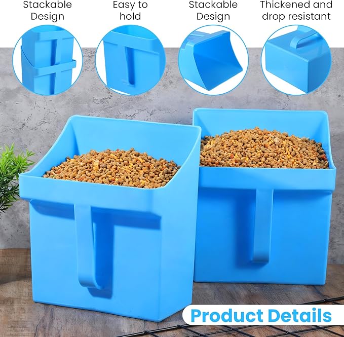 2 Pcs Large Feed Scoop 128 oz Plastic Grain Scoop Ice Seed Enclosed Bucket Utility Shovel with Side Handle for Horse Bird Chicken Livestock Animal Dry Food Restaurant Kitchen (Blue)