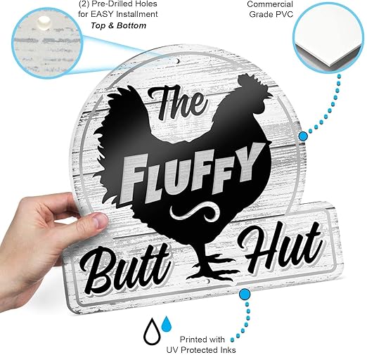 Bigtime Signs Fluffy Butt Hut Chicken Coop Sign - Funny Hen Decor for Yard or Barn - 12" x 11" PVC - Weatherproof and Lightweight Farmhouse Sign - Vibrant Chicken Lovers Gift