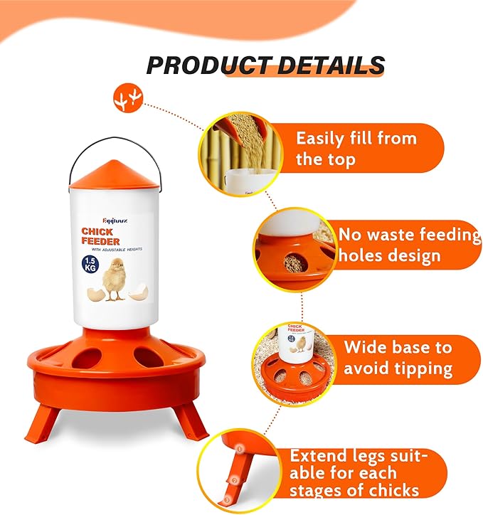 Chick Feeder and Waterer Kit, Top Fill 1.5kg Chick Feeder and 1.5L Chick Waterer with 3 Adjustable Heights