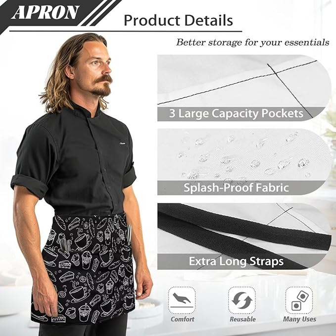 Waist Apron with 3 Pockets Waterproof 13 Inch Short Half Waist Aprons Women Men Server Aprons Waitress Waiter Apron
