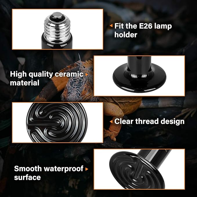 Simple Deluxe 25W Ceramic Heat Emitter Reptile Heat Lamp Bulb No Light Emitting Brooder Coop Heater for Amphibian Pet & Incubating Chicken, 4 Pack