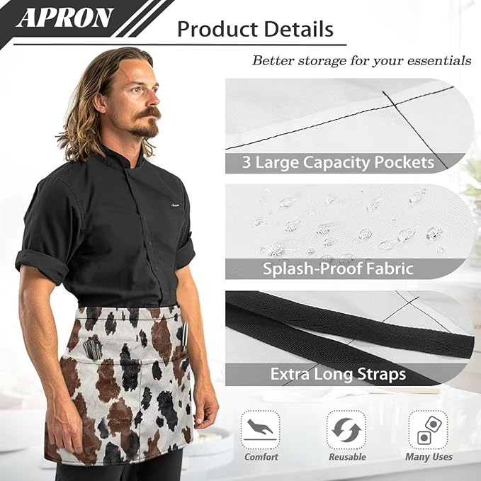 Waist Apron with 3 Pockets Waterproof 13 Inch Short Half Waist Aprons Women Men Server Aprons Waitress Waiter Apron