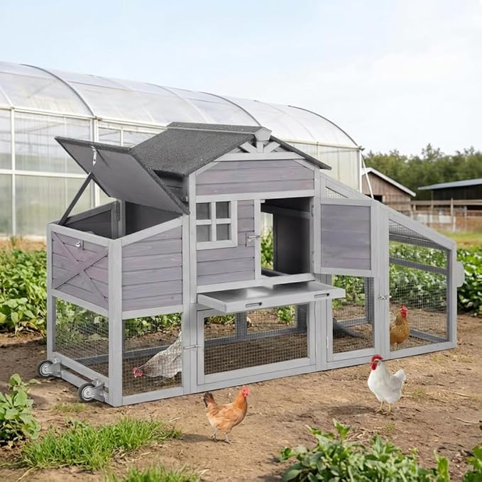 GUTINNEEN Chicken Coop with Wheels for 2-4 Chickens, Large Wooden Outdoor Hen House with Run, Waterproof & UV-Resistant Roof, Removable Leakproof Tray and Divided Nesting Box– Grey