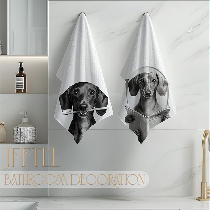 Funny Dachshund Bathroom Hand Towels, Dachshund Gifts for Women, Black and White Cute Weiner Dog Hand Towels for Bathroom Washroom Restroom Decor, 16x24 Inch, Set of 4