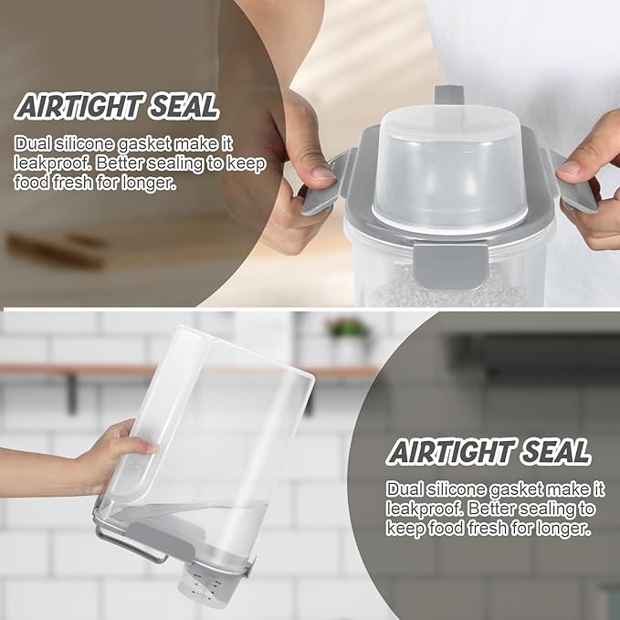 5-7 Lbs Dog Cat Food Storage Container, Portable Travel Pet Food Storage Container with Measuring Cup, Easy-Pouring Bird Seed Dispenser, Airtight Rice Cereal Oatmeal Flour Dispenser -Light Grey