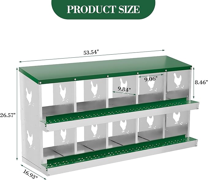Metal Nesting Boxes for Chickens - 10 Compartments Chicken Roosting Boxes, Chicken Coop Nest Box with Perch & Lid - Versatile Wall Mount or Free Standing for Backyard Flocks, Homesteads, Farms