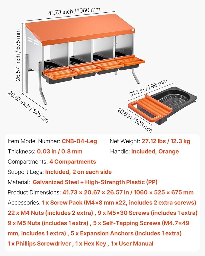 VEVOR Chicken Nesting Boxes, 4 Compartments, with Support Legs, Easy Egg Collection, Galvanized Steel and High-Strength Plastic, Roll Away Nesting Boxes for Chickens and Hens Laying Eggs, Orange