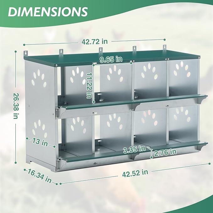 EAGLE PEAK 8-Hole Wall Mounted Chicken Nesting Box, Roll Away Hen Laying Box with Sloped Roof & Easy Clean Tray, Galvanized Steel for Backyard Chicken Coops (Green)