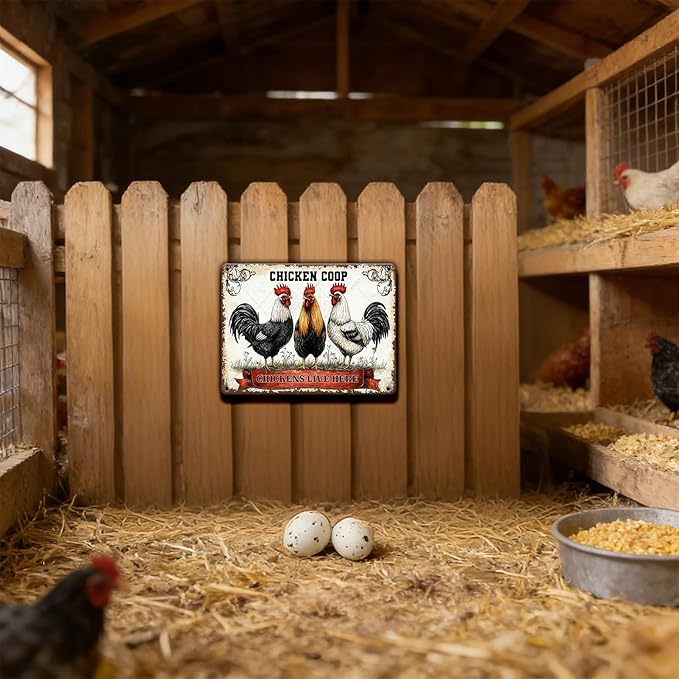 Funny Metal Tin Sign Chicken Coop Chickens Live Here Decoe for Farm Kitchen Garden Gift Metal Wall Art Rooster Hen Indoors or Outdoors 12x8 Inch