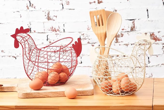 Tag 11.5 Antique White Farmhouse Rustic Vintage Chicken Wire Egg Basket With Handle For Egg Holder Fruit And Kitchen Living Room Home Rooster Decor Decoration Collecting And Countertop Storing Eggs