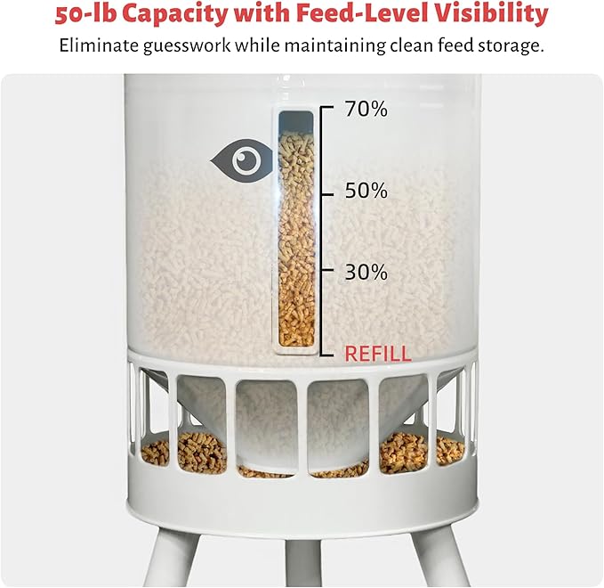 KOL 50LB Metal Chicken Feeder - No Waste, No Clog Design with 16 Ports & Smooth Gravity-Flow, Powder Coated Rust-Proof for Coop Use (Jade White)