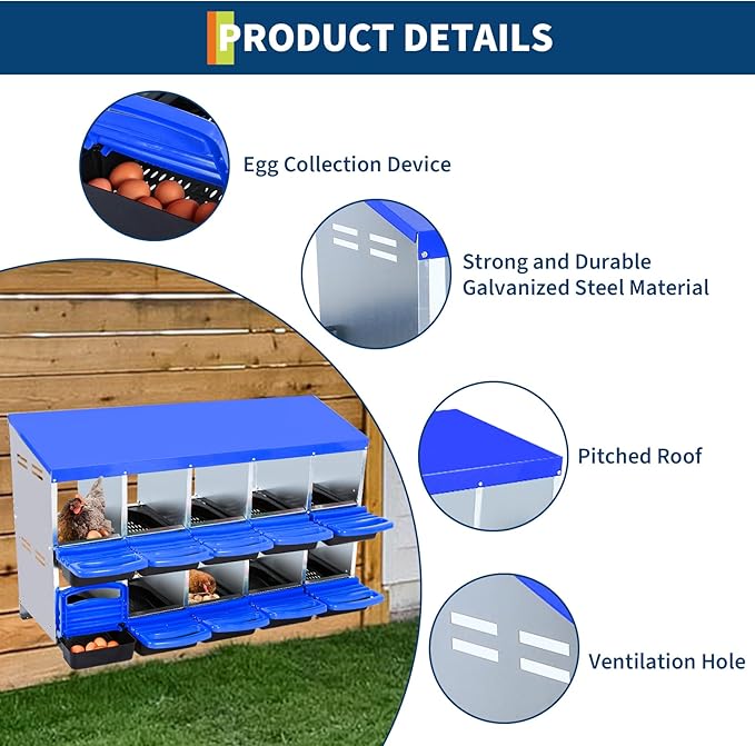 10-Hole Chicken Nesting Box, Roll Away Nest with Removable Tray, Rustproof Galvanized Steel, Easy Egg Collection & Cleaning, Wall-Mount Design - Blue