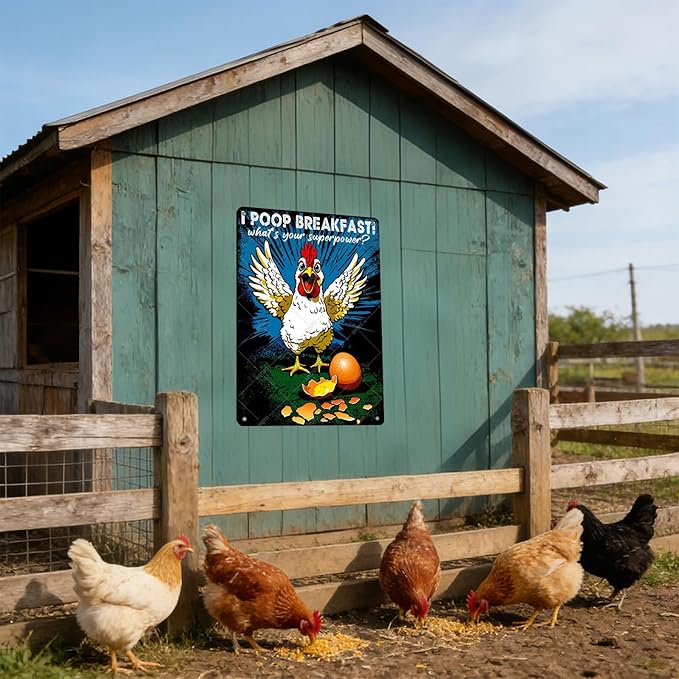 Funny Chicken Decorations for Kitchen Chicken Tin Sign I Poop Breakfast Whats Your Superpower Wall Decor 16x12 Inch
