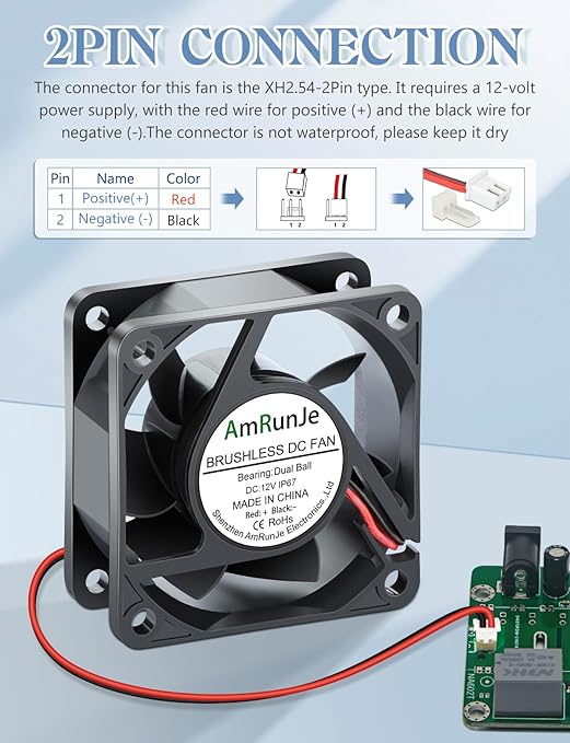 2 Packs IP67 60mm x 25mm 12v 2pin Small Cooling Fan Dual Ball Bearing Brushless High Speed for RV Refrigerator, Tarrarium, Computer case, Solar Battery Box