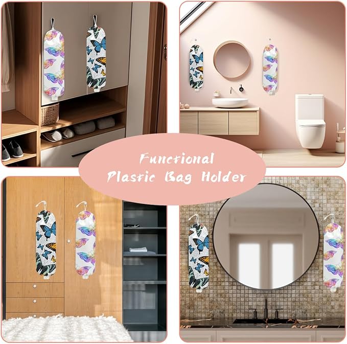 2PCS Butterfly Plastic Bag Holder, Wall Mount Grocery Bag Holder for Storage bag, Washable Storage Organizer Reusable Grocery Bags, Pull Rope Free Adjustment, Butterfly Gifts for Women Mom Sister