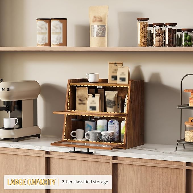 Bread Box for Kitchen Counter, Wooden Double Layer Bread Storage Container Bin,Bread Holde,Countertop Bread Storage with Window