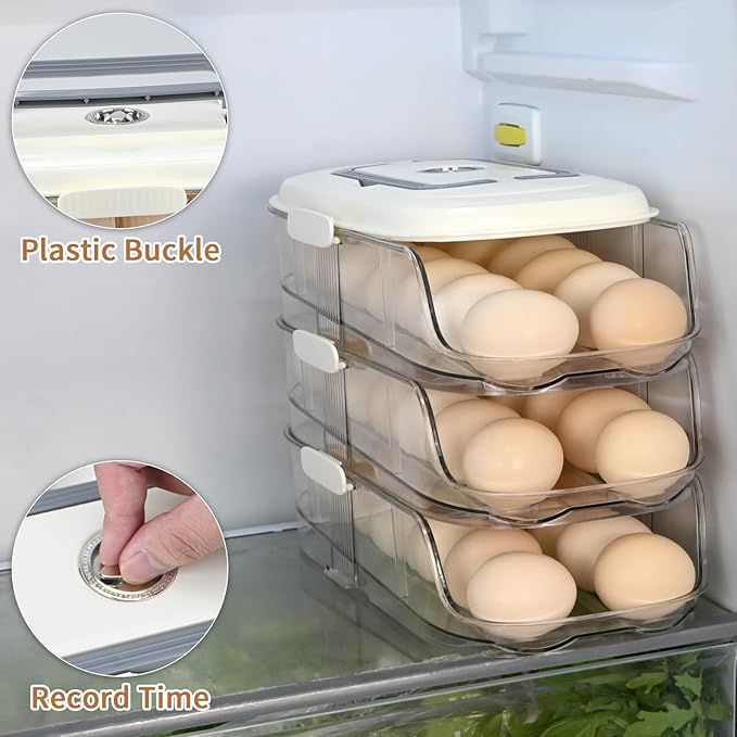 Egg Dispenser for Refrigerator, 3-Layer Clear Plastic Egg Holder Adopt Transparent PET Material & Hidden Handle Design – Egg Organizer for Refrigerator with Cover Lock Buckle (Capacity of 42 Eggs)