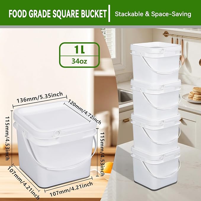 Bucket with Lid - 4 Packs Square Clear Plastic Storage Containers, Food Safe with Handle, Airtight Pressure Lids for Kitchen & Home (White, 34 oz)