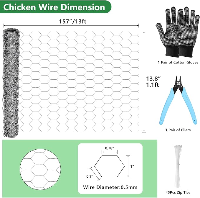 Chicken Wire Mesh 13.8 x 157 in, Rustproof Galvanized Iron Garden Fence Barrier for Pet Rabbit Cat, Floral Chicken Wire Netting to Protect Poultry Plant Fruit