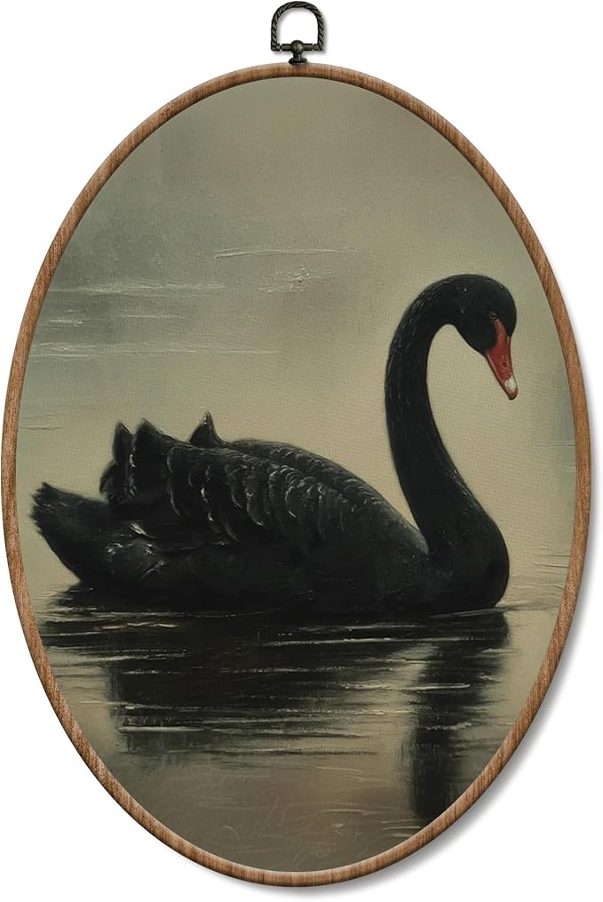 Yorhifa Vintage Black Swan Framed Wall Art, Antique Black Swan Oval Wall Art, Rustic Elegant Animal Oval Walls Decor, Retro Moody Canvas Artwork Hanging Decor, 8.5x11.5in